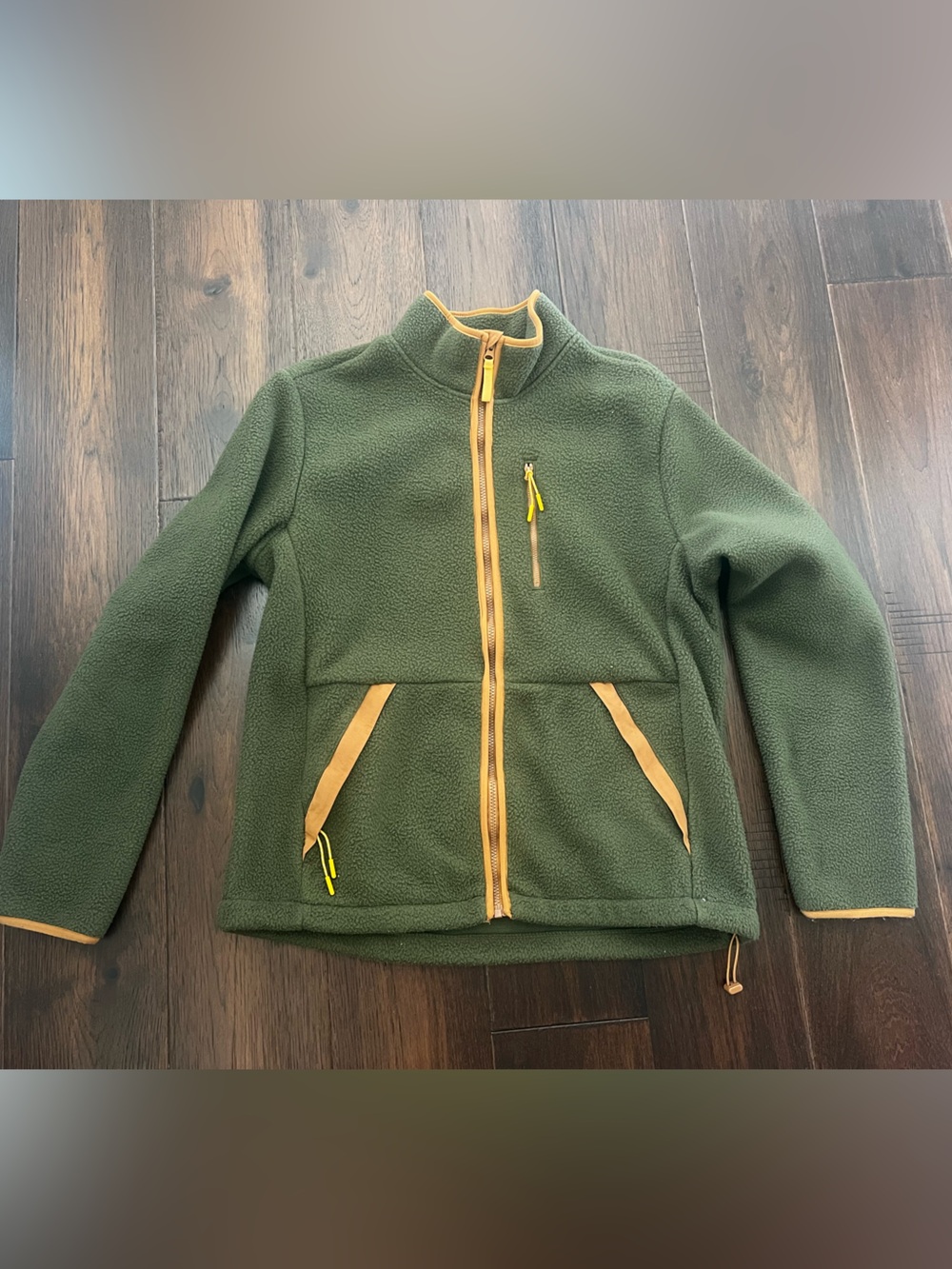 Olive Green Fleece Jacket with Tan Trim